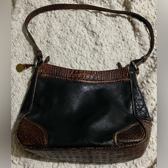 Brahmin Tuscan Shoulder Bag Pecan Croc Black Leather Purse - Picture 7 of 14